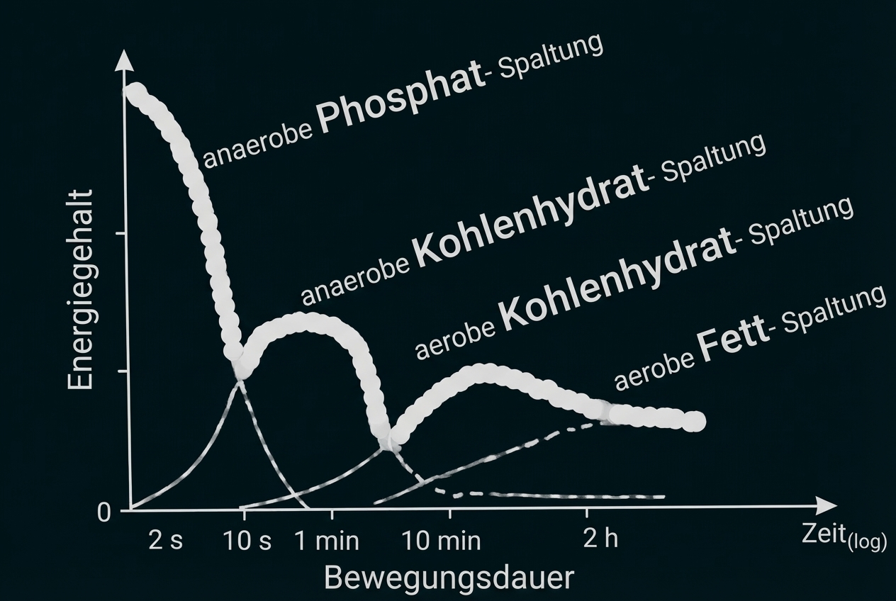Grafik: Energiequellen nach Trainingsdauer (anaerobe Phosphat-, anaerobe/aerobe Kohlenhydrate, aerobe Fettverbrennung)